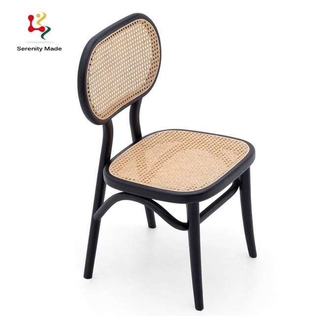 Nordic Style Black Color Oak Wood with Real Rattan Back Restaurant Dining Chair