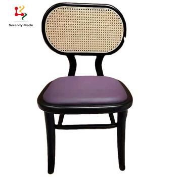 Simple Design Wooden Frame with PU Seat and Rattan Back Chair