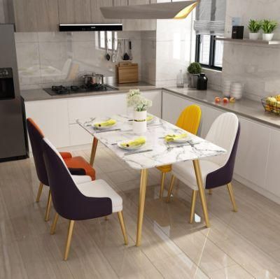 Modern Design House Furniture White Polished Marble Dining Table with 6 Chairs Golden Frame for Dining Room
