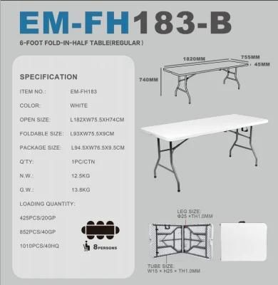 EU Standard White Cheap 6FT Plastic Resin Folding BBQ Grill Camping Restaurant Table -1.8 Meter