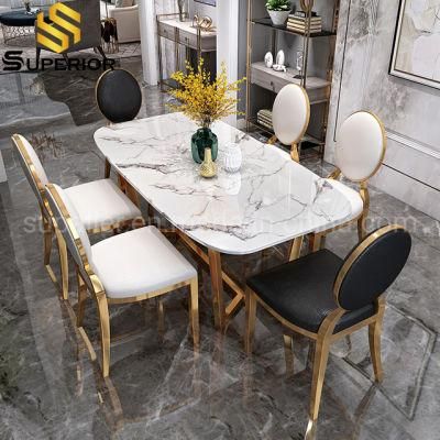 Rectangle Gold Designs White Marble Dining Table And 6 Chairs