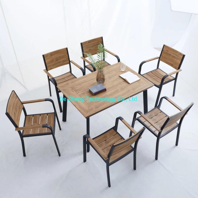 Aluminium Hotel Outdoor Dining Restaurant Rectangle Teak Wood Table for 6 People