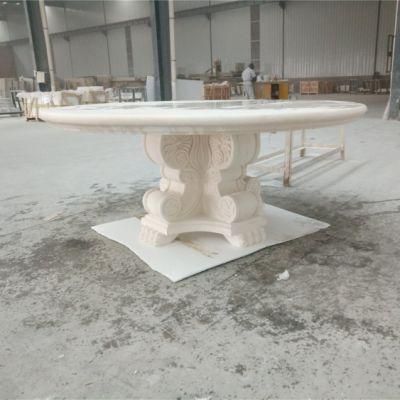 Round Beige Limestone Coffee Table with Carving Base