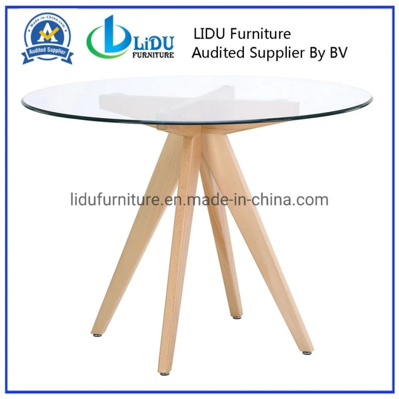 High Quality Glass Transparent Round Coffee Dining Table with Wooden Legs