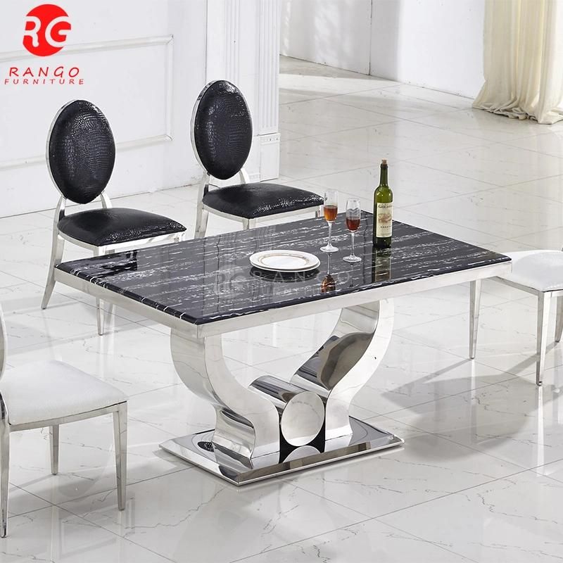 Dining Table with Premiere Grey Fabric Knockerback Chairs Grey Marble and Stainless Steel Chrome
