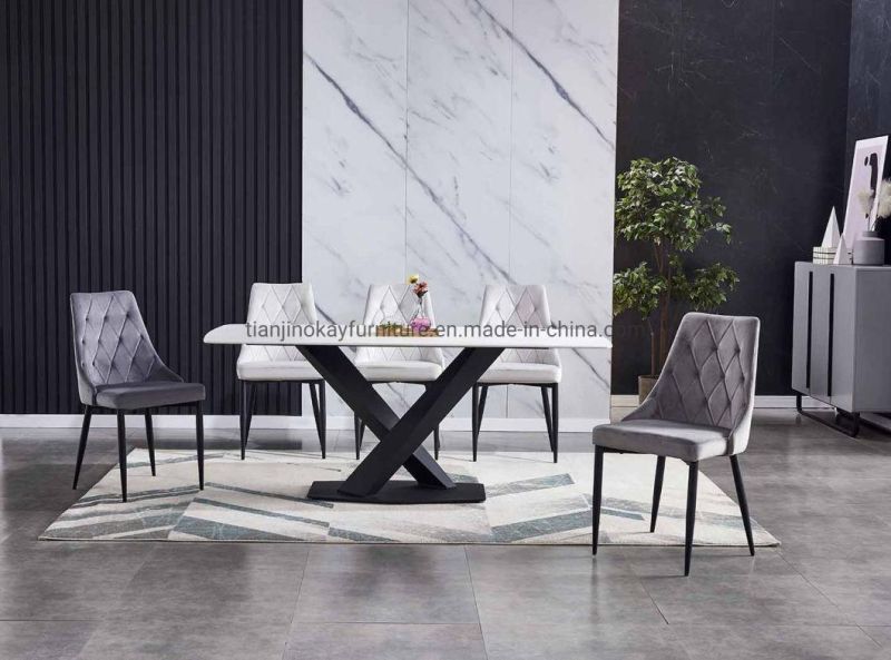 Marble Surface Slate Sintered Stone Top Modern Black Gold Color Ceramic Table with Metal Base Dining Table Sets