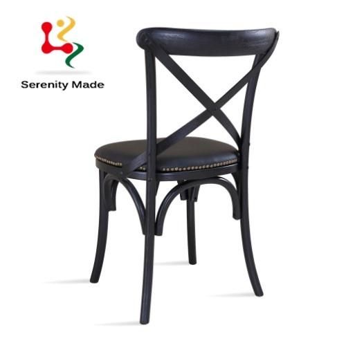 Wholesale Event Hire Furniture Black Wooden Cross Back Wedding Banquet Stackable Bentwood PU Leather Seat Dining Chair