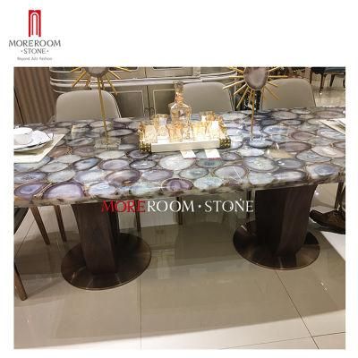 Milan Design Mid Century Semi Precious Grey Agate Modern Dining Table