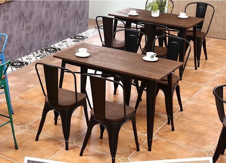 China Wholesale Stackable Cafe Bistro Metal Wood Seat Restaurant Vintage Design Industrial Metal Dining Chair