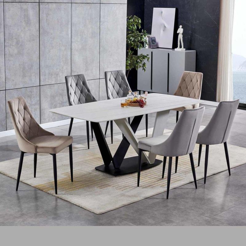 Modern Ceramic Top White Rectangle Table with 6 Chairs Carbon Steel Base 4 People Dining Table