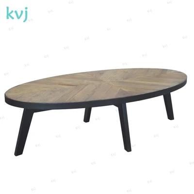 Kvj-7347 Oval Antique Vintage Reclaimed Elm Steel Base Coffee Table