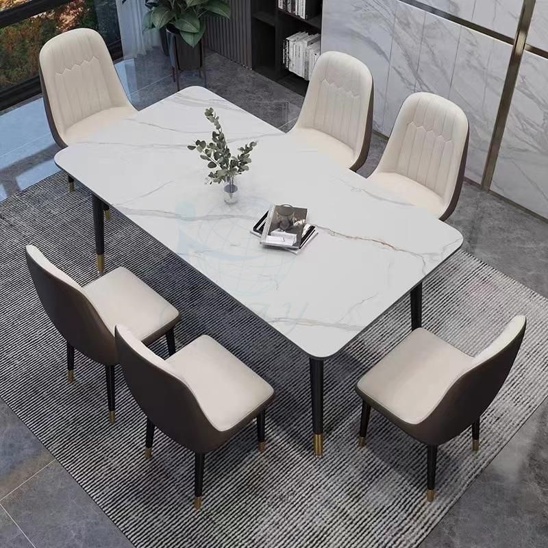 Okay Modern Light Luxury Style White Rectangle Marble Top Dining Table Set with 4 Seats Chairs Set for Home Dining Room Furniture