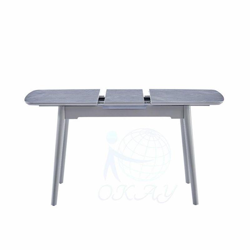 Okay Modern Minimalist Rectangular Extendable Sintered Stone Dining Table Set with Light Grey Marble Table Top Solid Ash Wood Frame