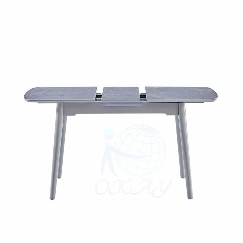 Okay Modern Minimalist Rectangular Extendable Sintered Stone Dining Table Set with Light Grey Marble Table Top Solid Ash Wood Frame