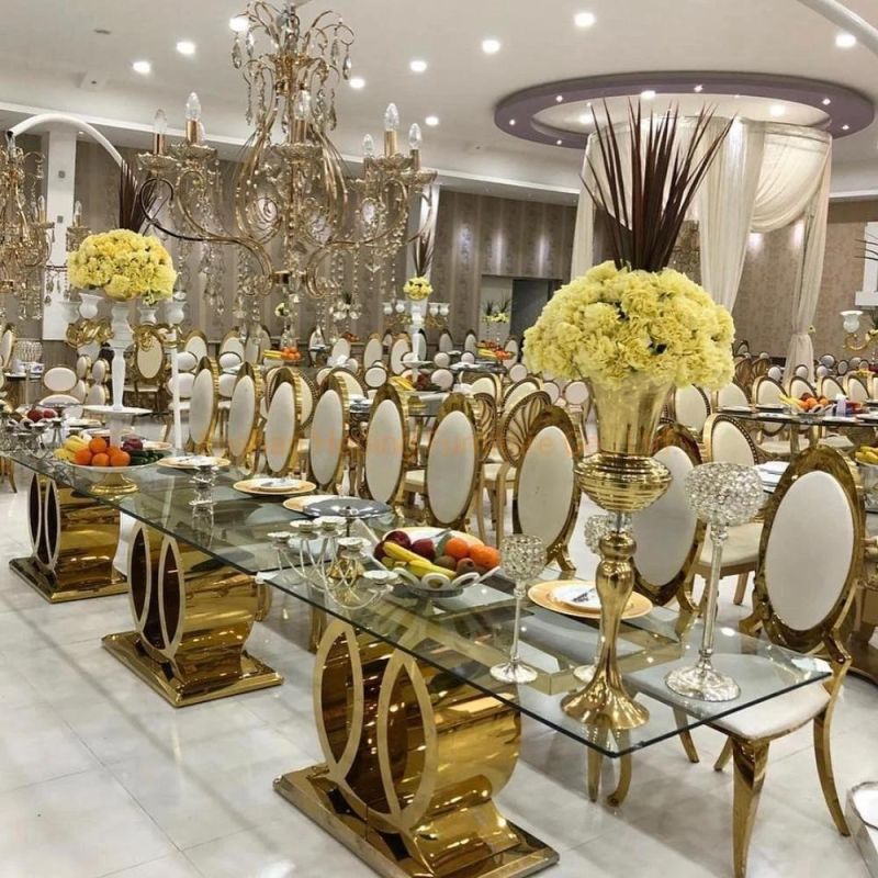 Classical Glass Top Dining Table with Gold Metal Stainless-Steel Frame Wedding Chair White Table Set