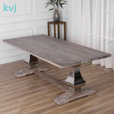 Kvj-7221-1 Reclaimed Oak Stainless Steel Legs Rectangle Antique Dining Table