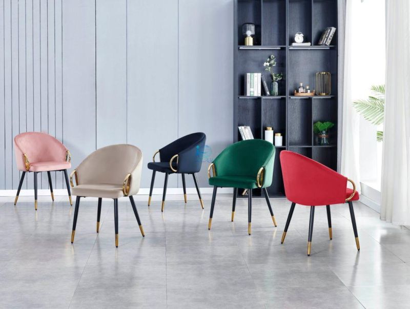 Italian Luxury Elegant Pink Velvet Fabric Dining Room Set Chairs Furniture with Gold Metal Leg