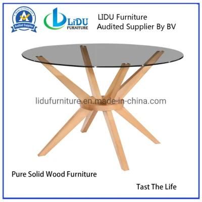 High Quality Glass Transparent Round Coffee Dining Table with Wooden Legs